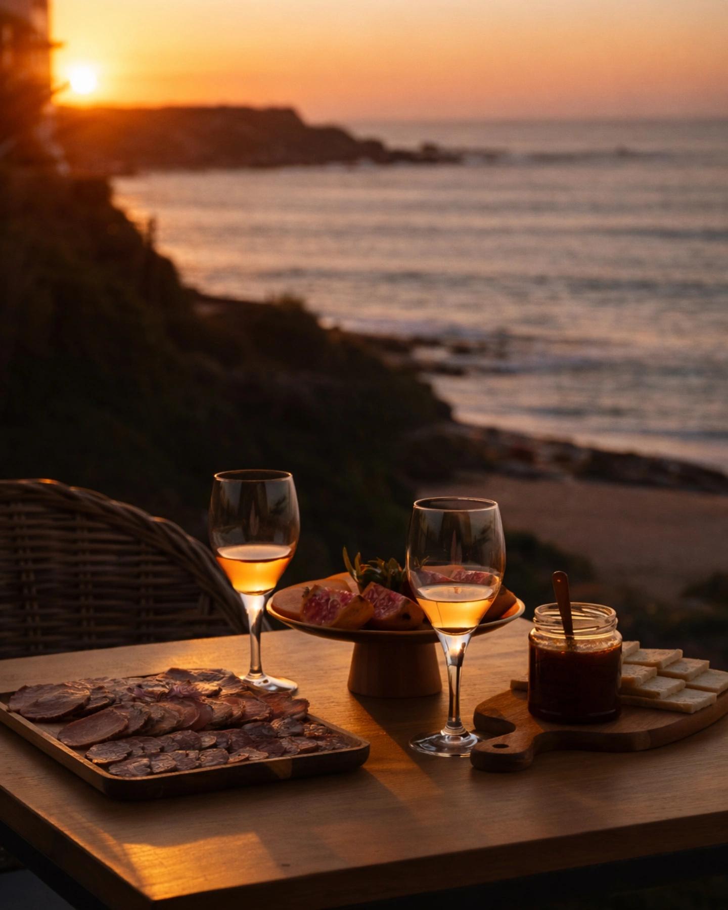 Apéritif servi face au coucher du soleil